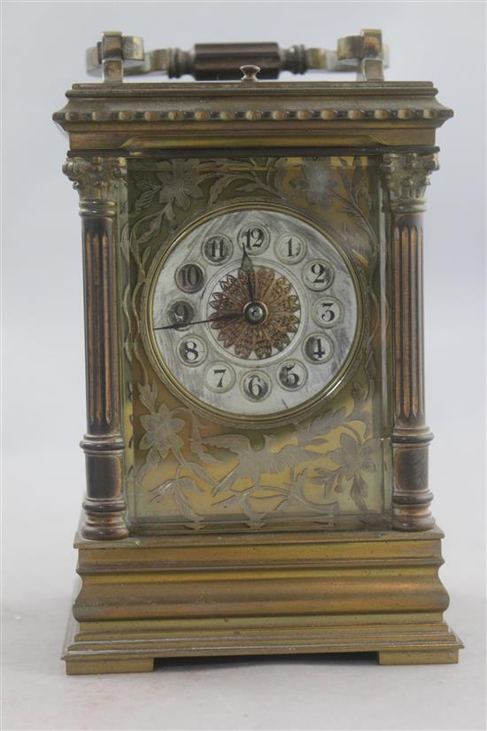 An early 20th century French brass hour repeating carriage clock, 6.5in.